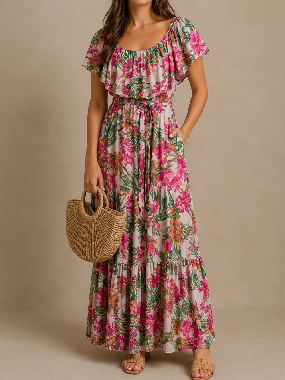 Baltic Born Sonoma Off Shoulder Maxi Tropical Floral Womenβs Dress Medium